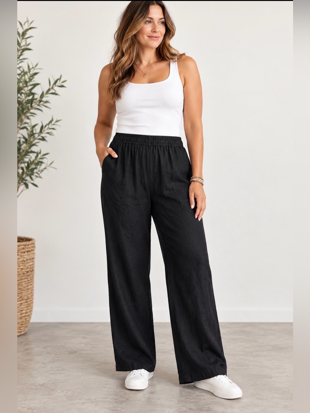 Old Navy XL Black Linen Blend High Rise Pull On Wide Leg Pants
